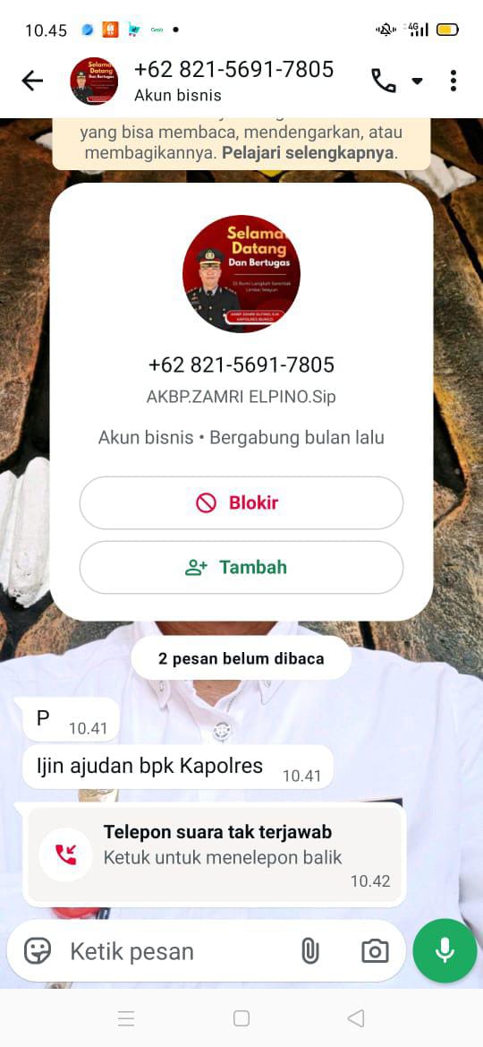 Nomor Whatspp Mengatasnamakan Kapolres Bungo Telpon Kadis Sa,at Pelatikan