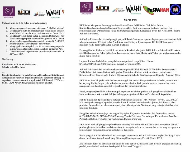 KEBEBASAN PERS DI SULAWESI TENGGARA TERANCAM: KKJ SULTRA KECAM POLDA SULTRA ATAS PEMANGGILAN JURNALIS