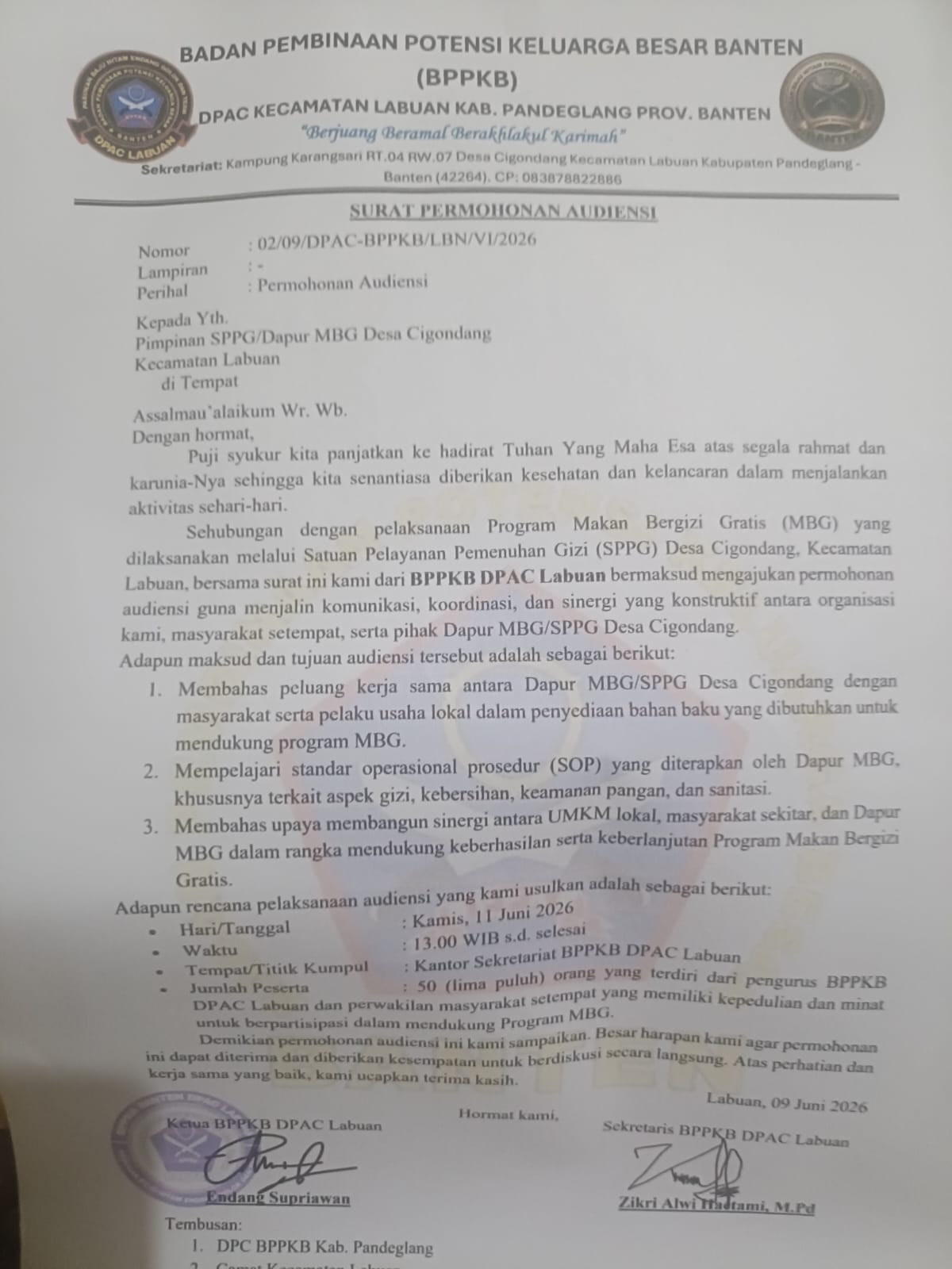 KETUA BPPKB DPAC Labuan Layangkan surat Audensi ke Dapur MBG Desa Cigondang.