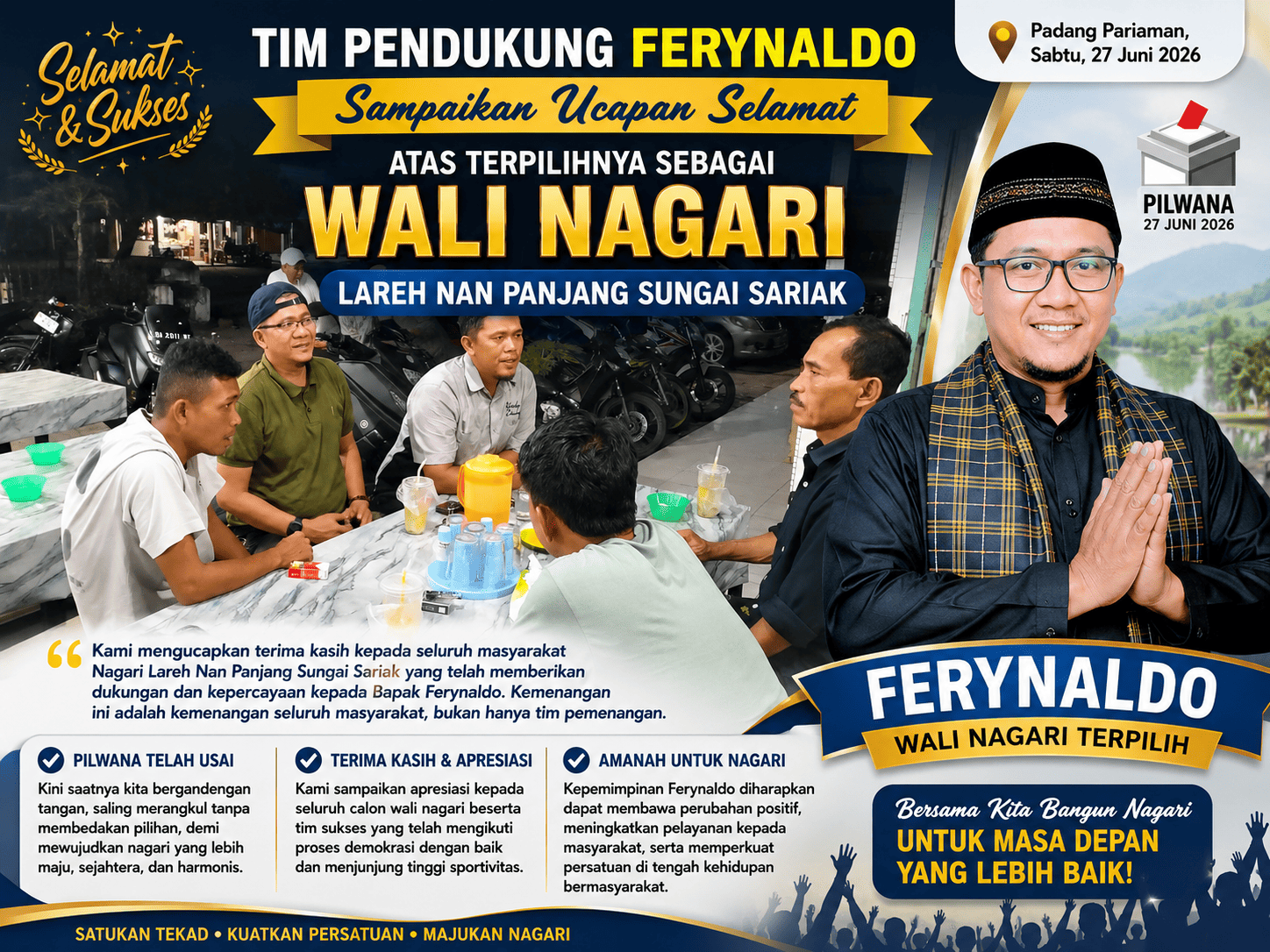 Tim Pendukung Ferynaldo Sampaikan Ucapan Selamat atas Terpilihnya sebagai Wali Nagari Lareh Nan Panjang Sungai Sariak