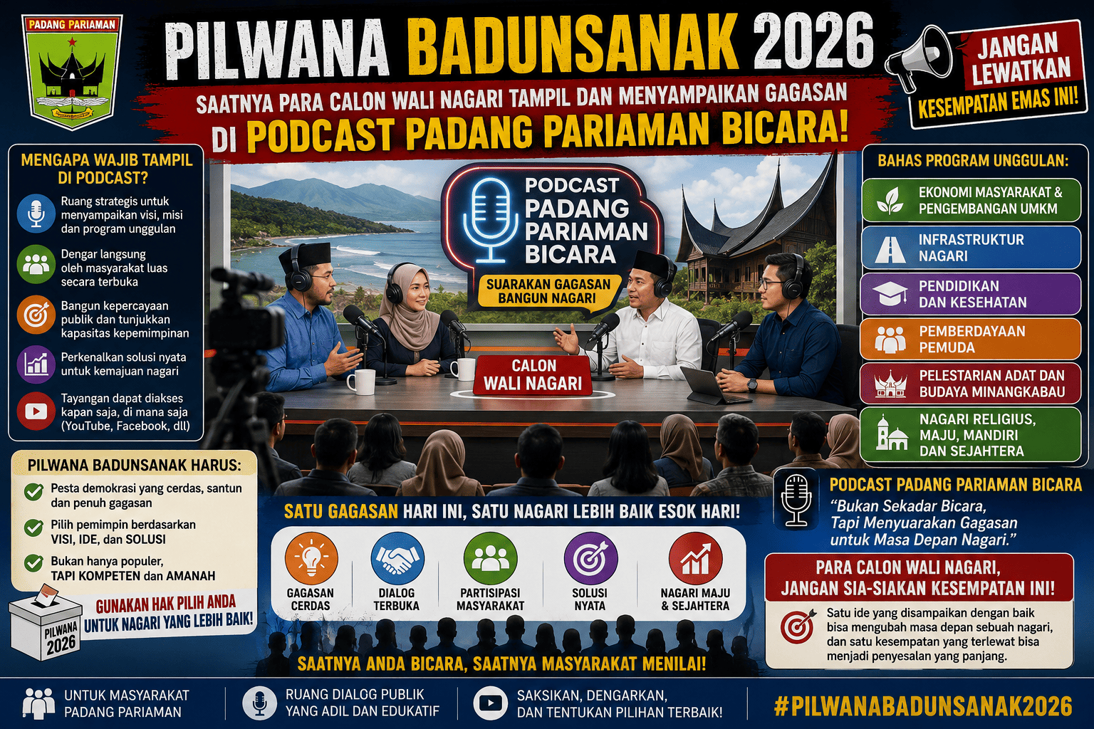 PILWANA BADUNSANAK 2026: SAATNYA PARA CALON WALI NAGARI TAMPIL DAN MENYAMPAIKAN GAGASAN DI PODCAST PADANG PARIAMAN BICARA!