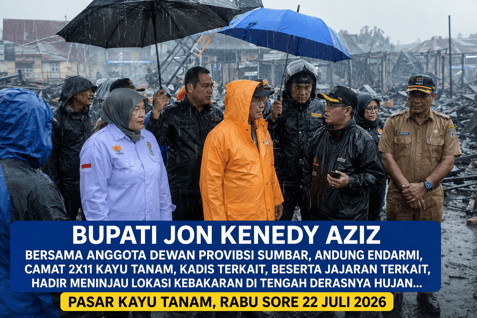 DIGUYUR HUJAN DERAS, BUPATI JOHN KENEDY AZIS TETAP TURUN KE LOKASI! PEMKAB PADANG PARIAMAN GERAK CEPAT TINJAU KORBAN KEBAKARAN PASAR KAYU TANAM