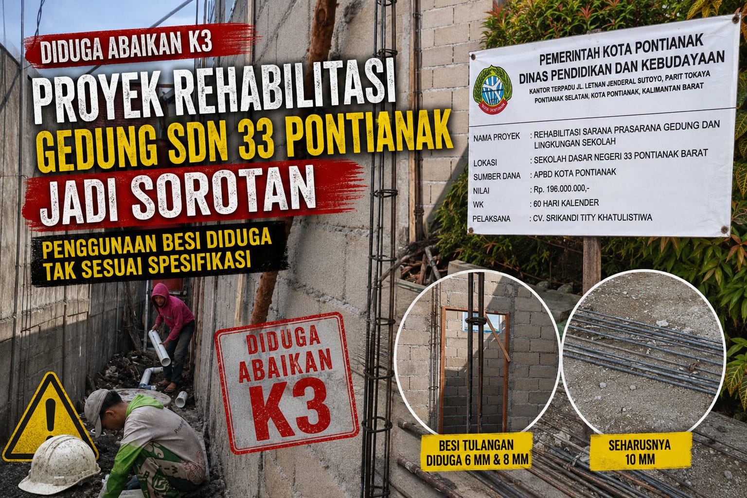 Pontianak kalbar Diduga Abaikan Standar K3, Proyek Rehabilitasi SDN 33 Pontianak Jadi Sorotan; Penggunaan Besi Tulangan Diduga Tak Sesuai Spesifikasi..