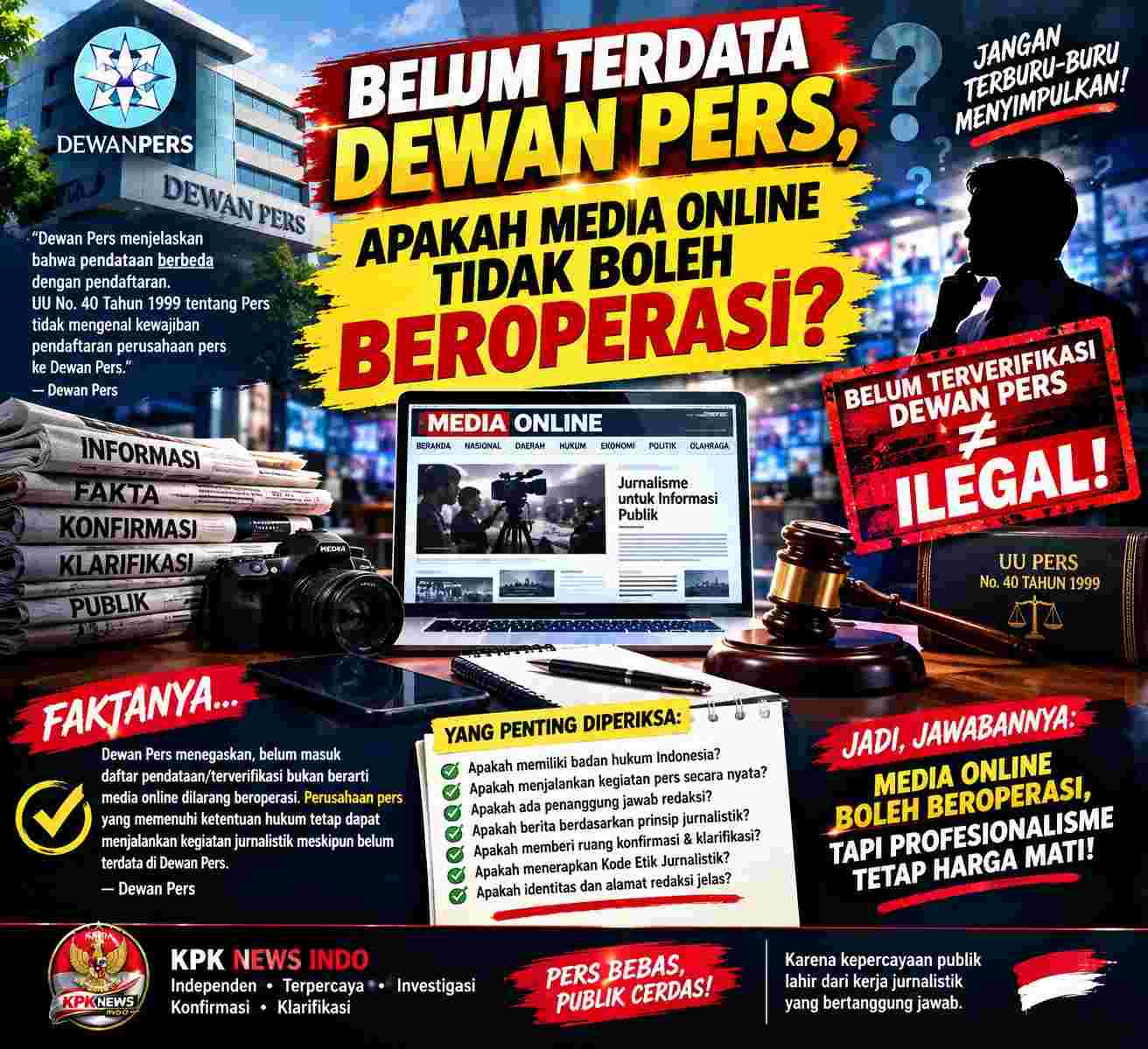 “BELUM TERDATA DEWAN PERS, APAKAH MEDIA ONLINE TIDAK BOLEH BEROPERASI?”  MEDIA ONLINE BELUM TERVERIFIKASI DEWAN PERS — LANGSUNG DIANGGAP ILEGAL? TUNGGU DULU!
