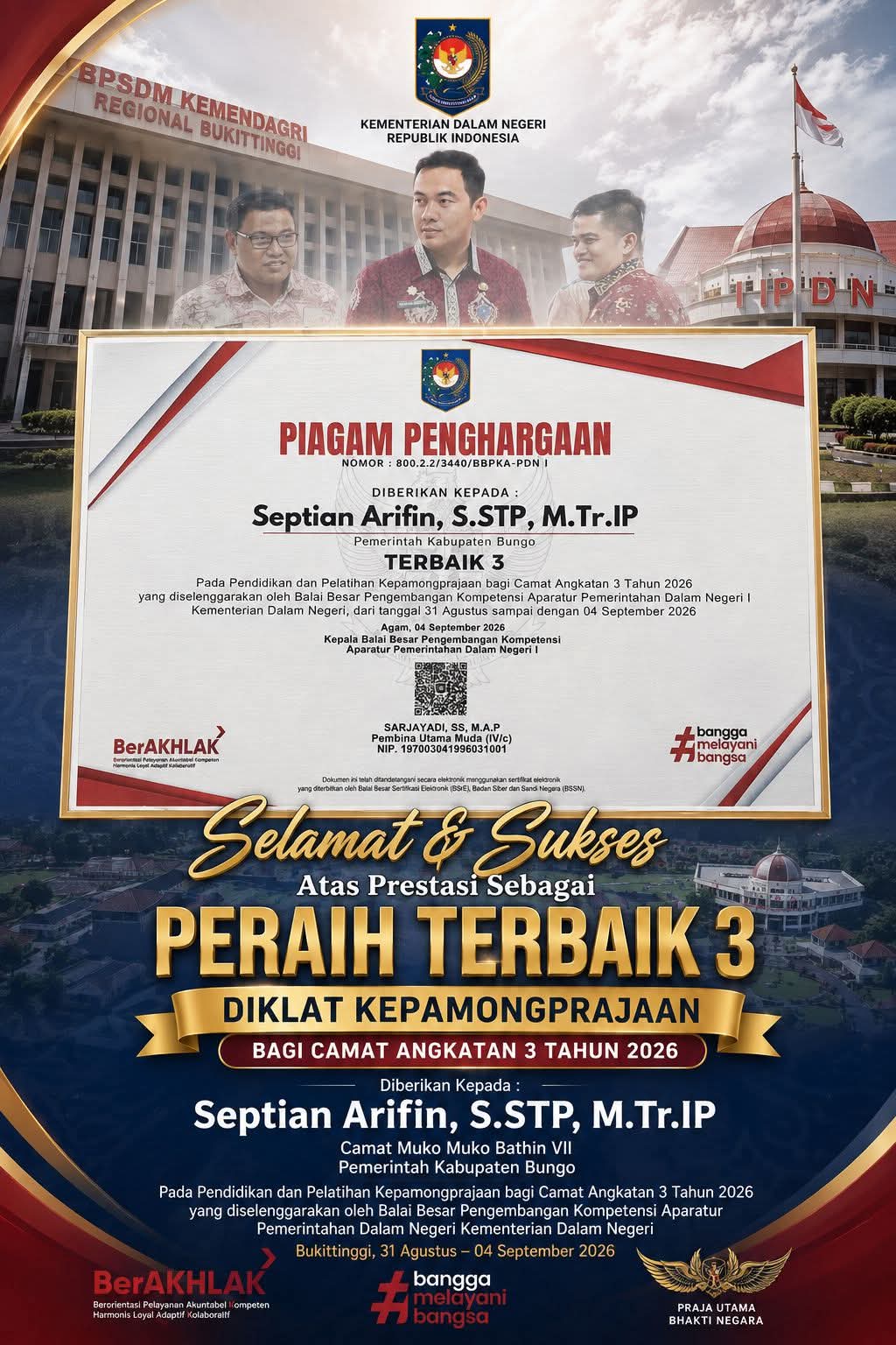 Septian Arifin Raih Prestasi Terbaik III Diklat Kepamongprajaan Camat Angkatan III Tahun 2026