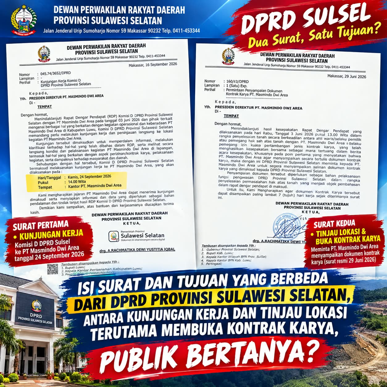 DUA SURAT DPRD SULSEL KE MASMINDO JADI SOROTAN, KETIDAKHADIRAN BUPATI LUWU DIPERTANYAKAN