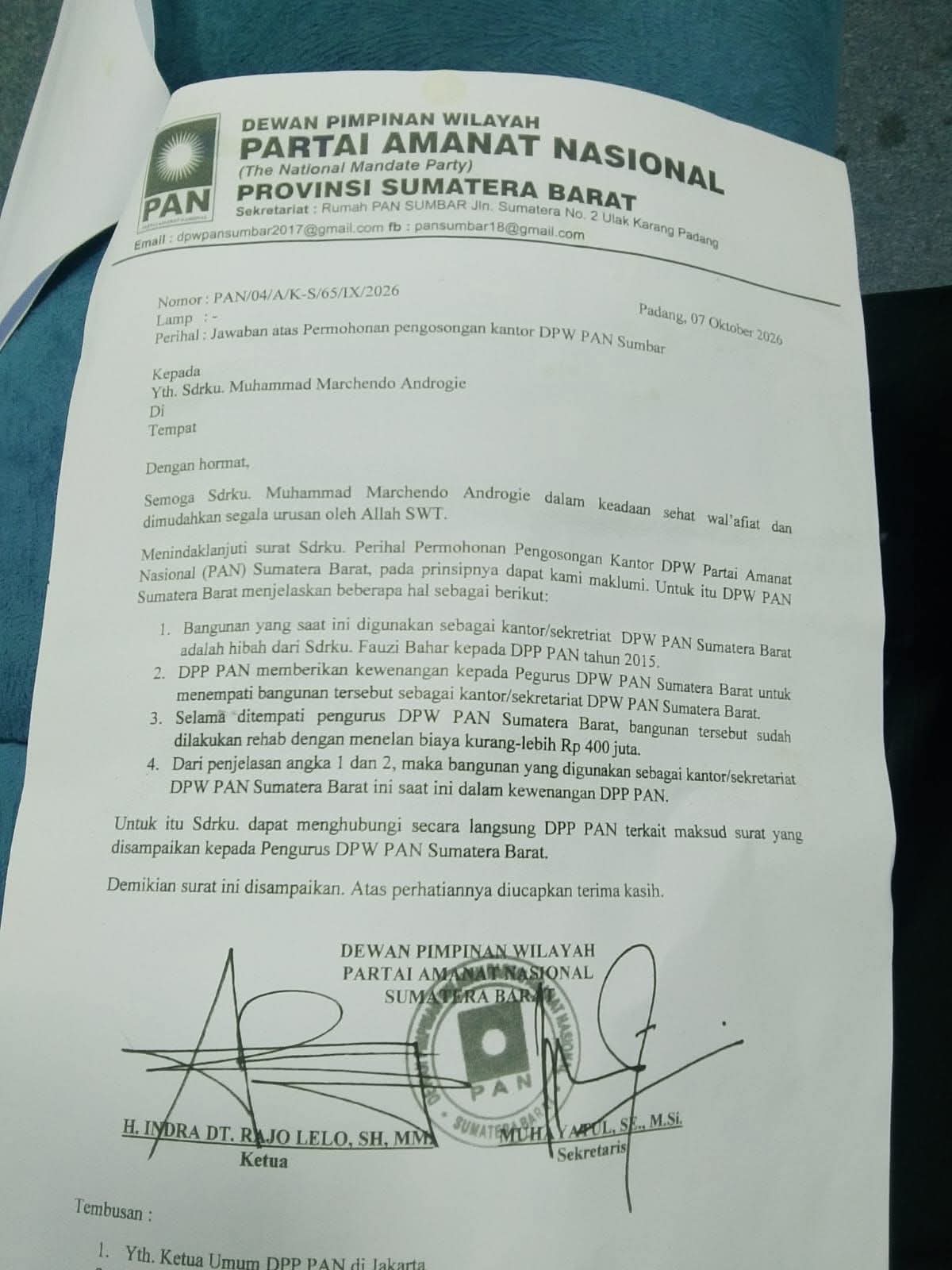 GEGER! SURAT PENGOSONGAN KANTOR DPW PAN SUMBAR MEMANAS — PEMILIK PROPERTI MINTA TANAH DAN BANGUNAN DISERAHKAN PALING LAMBAT 5 NOVEMBER 2026!