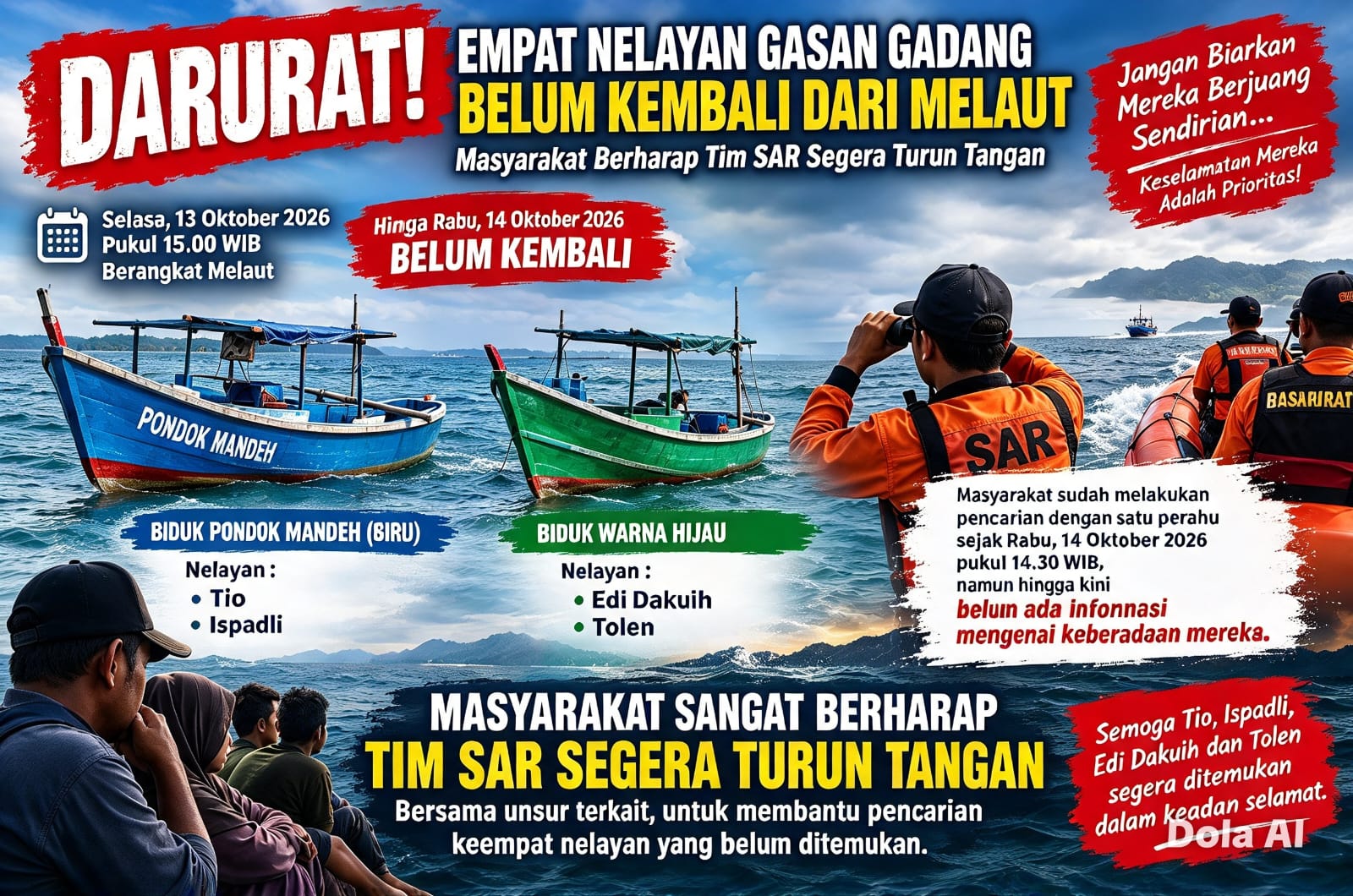 MASYARAKAT BERHARAP TIM SAR SEGERA TURUN TANGAN, EMPAT NELAYAN GASAN GADANG BELUM DIKETAHUI