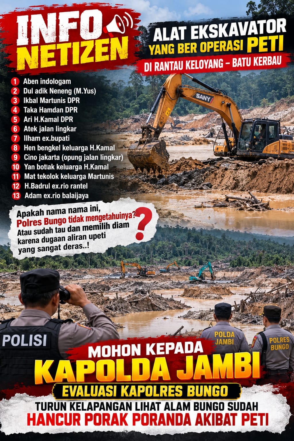 Dugaan PETI di Rantau Keloyang–Batu Kerbau yang Porak Porandakan Alam, Publik Desak Kapolda Jambi Evaluasi Kapolres Bungo