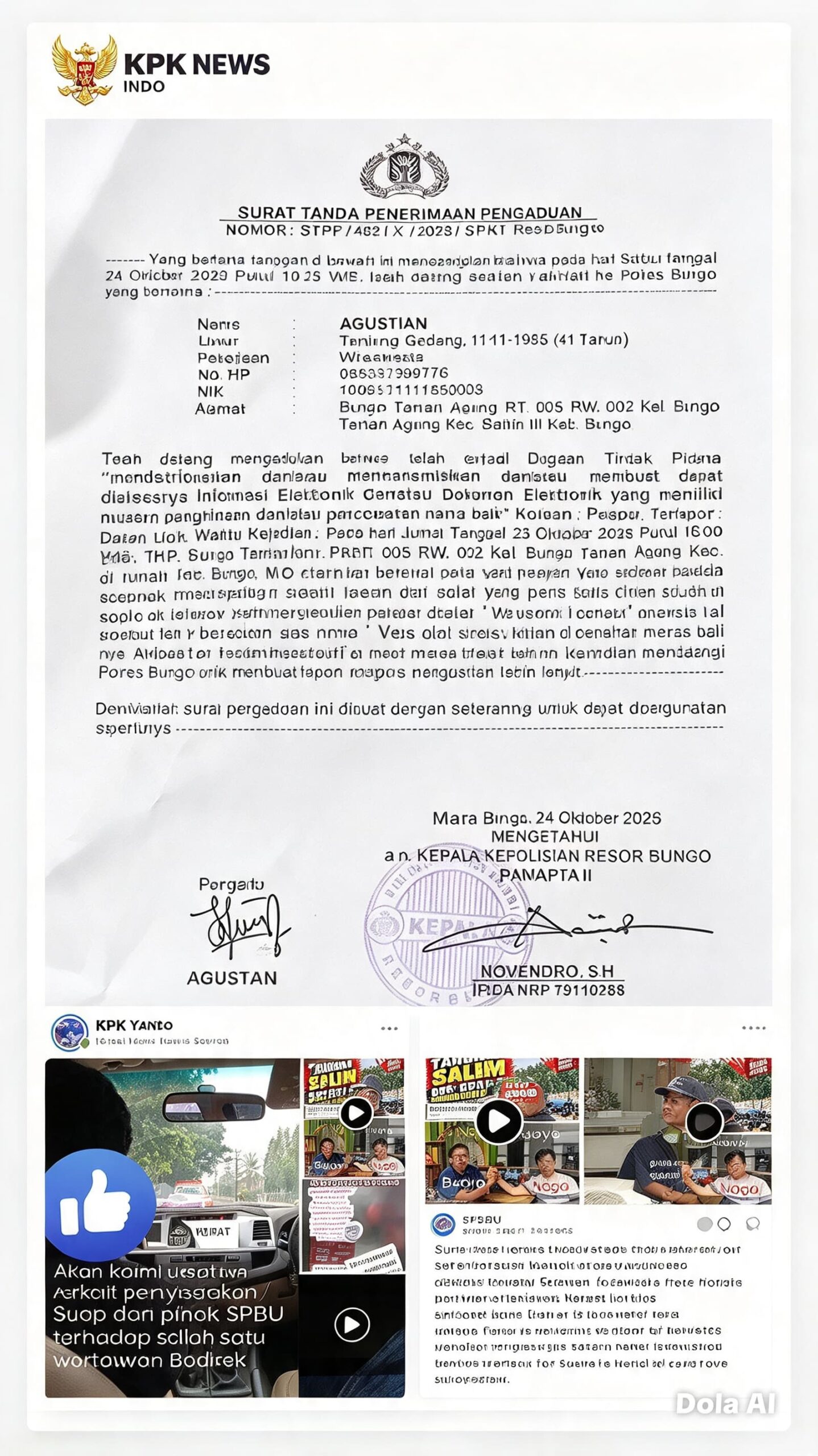 Kabiro KPK News Indo Kabupaten Bungo Lapor ke Polres Bungo Terkait Dugaan Pencemaran Nama Baik di Media Sosial