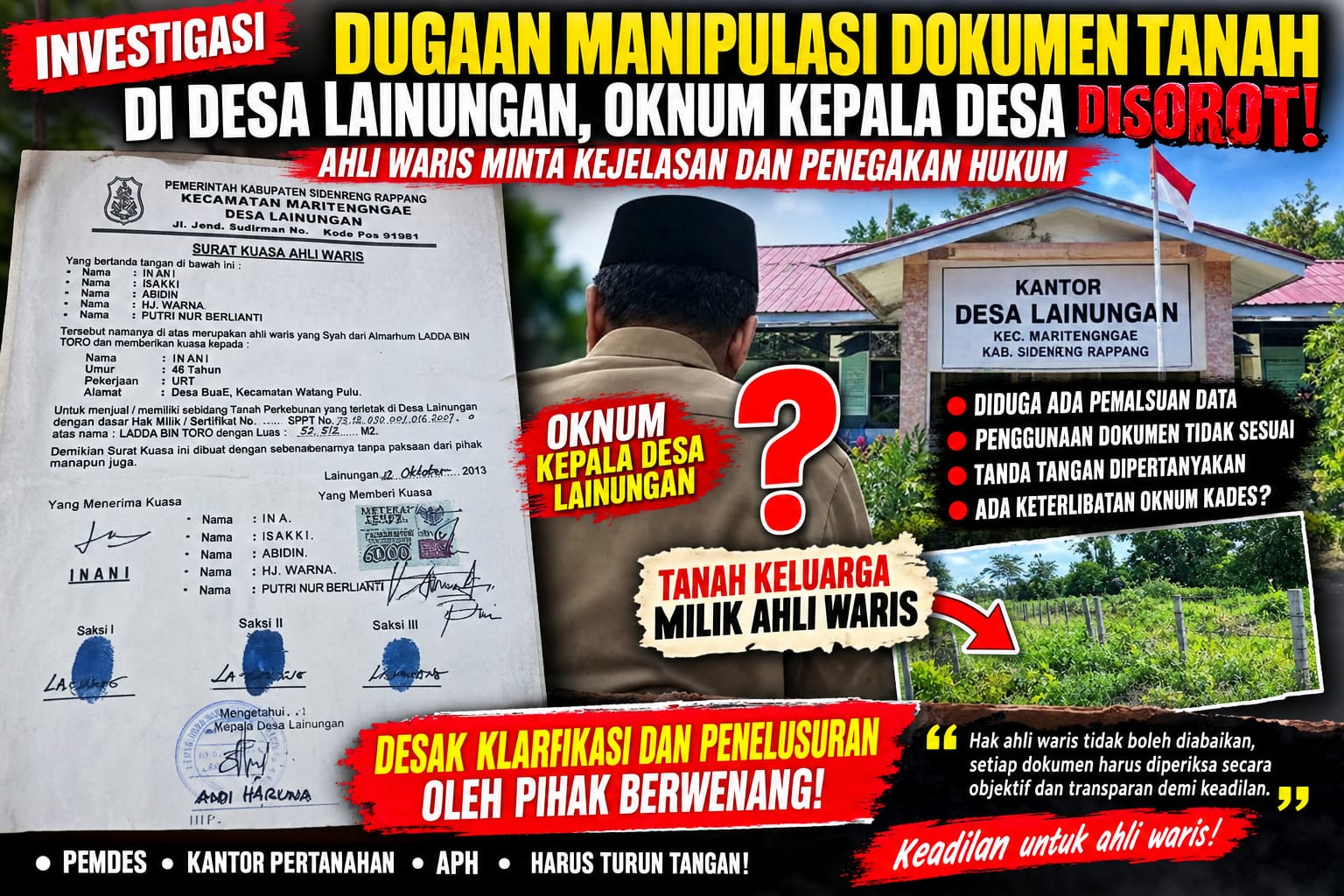 Dugaan Manipulasi Dokumen Tanah di Desa Lainungan, Oknum Kepala Desa Disorot, Ahli Waris Berhak Mendapat Kejelasan
